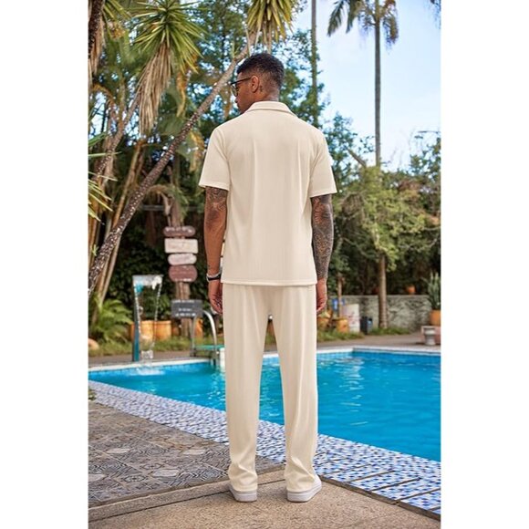 NWT Coofandy Mens 2 Piece Short Sleeve Button Down Shirt & Loose Pants Set XL - Picture 2 of 12